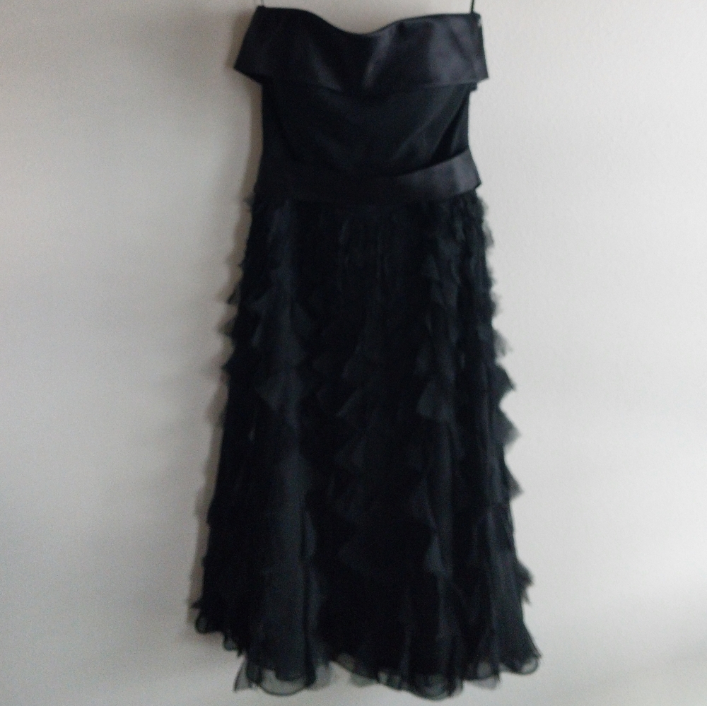 White House Black Market Black 100% Silk Strapless Tiered Ruffled Midi Dress